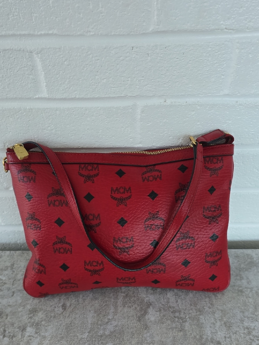 MCM Visetos Liz Shopper Tote Shoulder Bag Pouch Ruby Red Made In Korea